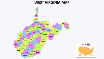West Virginia Map. District map of West Virginia in District map of West Virginia in color with capital.
