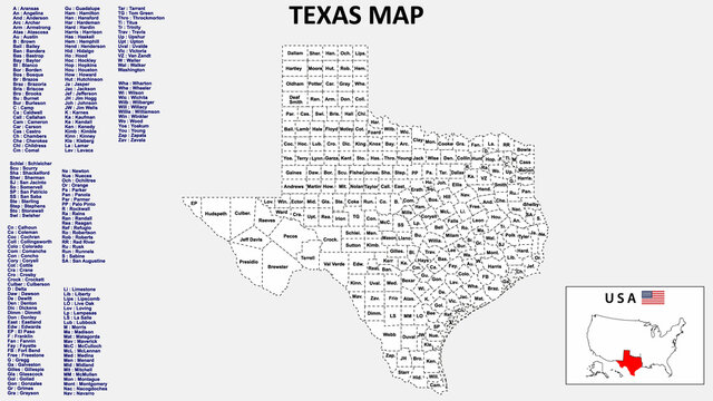 Texas Map. State and district map of Texas. Administrative map of Texas with district and capital in white color.