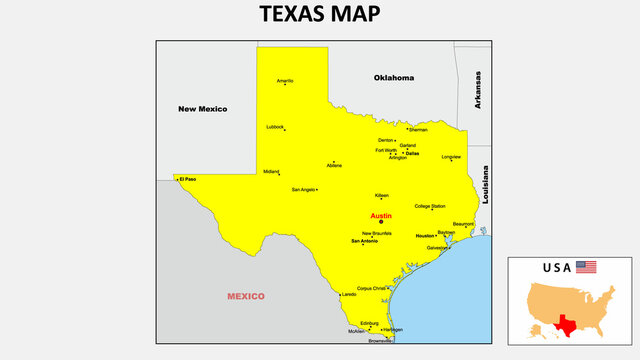 Texas Map. State and district map of Texas. Political map of Texas with the major district