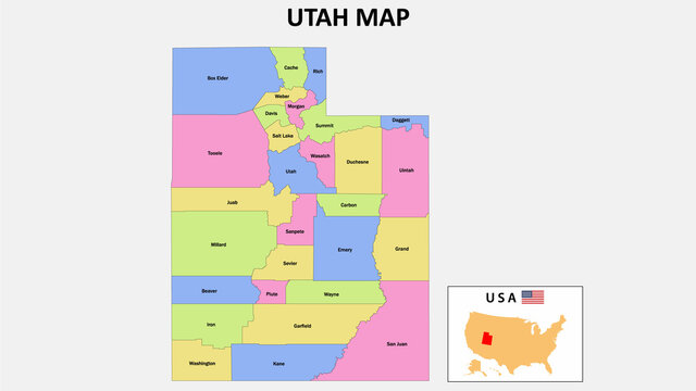 Utah Map. District map of Utah in District map of Utah. color with capital.