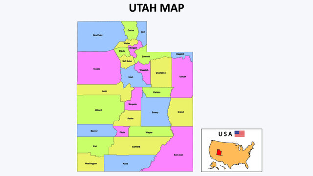 Utah Map. District map of Utah in District map of Utah. color with capital.
