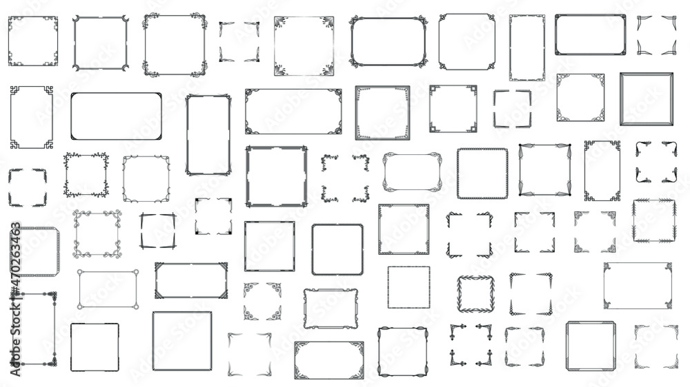 Poster big set black simple line frame collection doodle square floral frame elements vector design style s