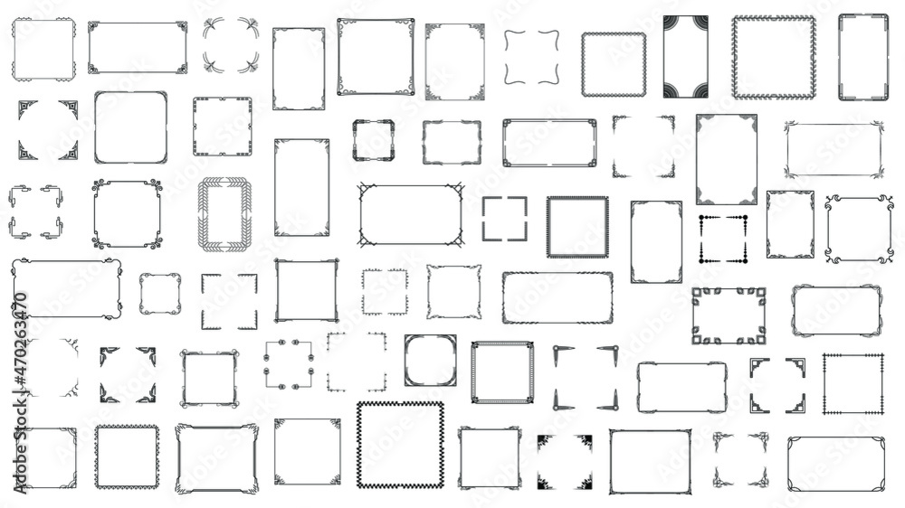 Poster big set black simple line frame collection doodle square floral frame elements vector design style s