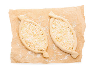 Homemade Ajarian khachapuri preparing for baking on white background