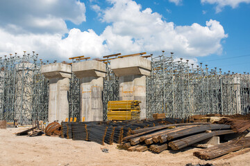 Fototapeta premium A large amount of steel reinforcement in the background of a construction site