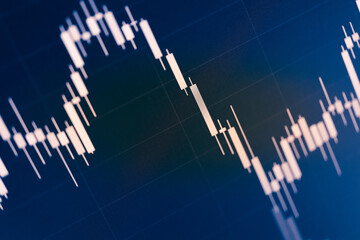 Candlestick chart in financial stock market on digital number background. Forex trading graphic design and Stock market trading trend as concept.