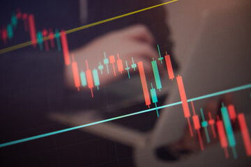Candlestick chart in financial stock market on digital number background. Forex trading graphic design and Stock market trading trend as concept.