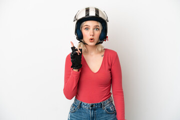 Young caucasian woman with a motorcycle helmet isolated on white background intending to realizes the solution while lifting a finger up