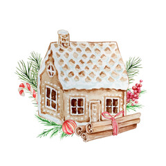 Watercolor Christmas illustration with gingerbread house