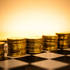 Money in Financial and Business market growth concept, There is money coins to stack of coins. Close up of coins to stack of coins Saving money for retirement planning.	