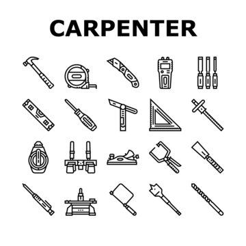 Carpenter Tool And Accessory Icons Set Vector. Carpenter Pencil And Chisel, Saw And Hammer, Sliding Bevel And Tape Meter Measuring Equipment. Carpenting Instrument Black Contour Illustrations