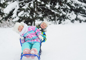 Fototapeta na wymiar two children a boy and a girl in multi-colored winter clothes ride on a sled against the background of snowfall and winter forest. Winter entertainment