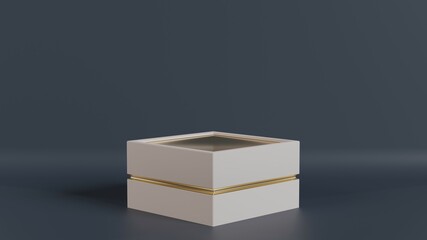 3D rendered minimal empty showcase. A white square box with gold lining in front of an indigo background.