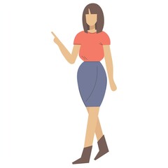 Icon of a woman pointing her finger at something. Simple vector illustration on transparent background. The faceless girl presents an object with a pointing gesture. Flat style. A full-length figure.