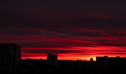 city sunrise close up red sky