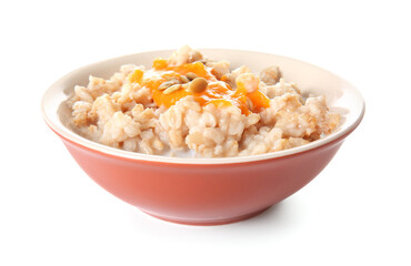 Bowl of tasty oatmeal with pumpkin on white background