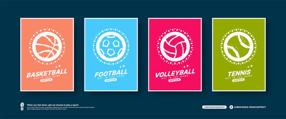 Minimal  Sport cards set, Sport balls icon flat design concept. Basketball, Football, Volleyball and Tennis tournament poster templates
