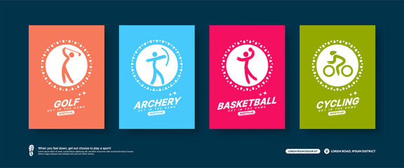 Naklejka premium Minimal Sport cards set, Sport icons flat design concept. Golf, Archery, Basketball and Cycling tournament poster templates