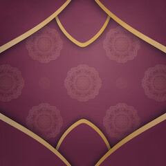 Brochure template burgundy with abstract gold ornament for your design.