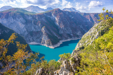 Fototapeta na wymiar Lake Piva is an artificial lake located in Municipality Pluzine, on the north-west part of Montenegro 