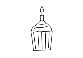 Vector minimalistic  cake with a candle   in outline style isolated on white background. Can be used to design holiday cards, presentations, websites