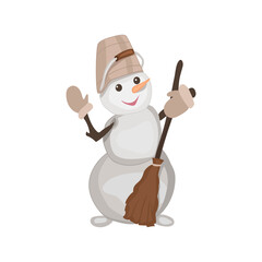 snowman vector. snowman waving his hand vector. snowman with a bucket on his head. vector illustration. eps