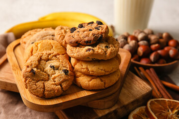 Wooden boards with tasty homemade cookies on table