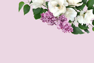 Floral banner, header with copy space. White tulips and lilac isolated on pink background. Natural flowers wallpaper or greeting card.