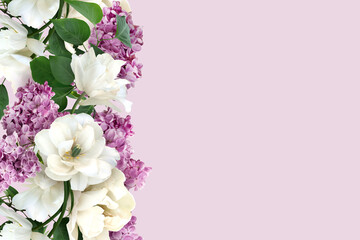 Obraz na płótnie Canvas Floral banner, header with copy space. White tulips and lilac isolated on pink background. Natural flowers wallpaper or greeting card.