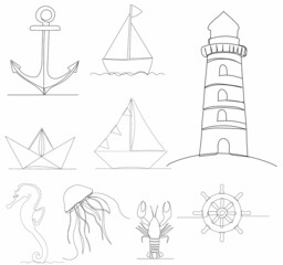one line drawing marine icons on white background, vector