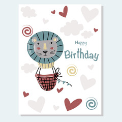 Vector cute greeting card for birhday with lion face air balloon and clouds, heart on white background