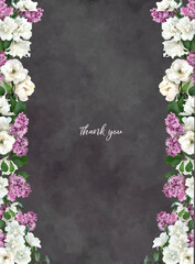 Floral card with copy space. White tulips and lilac on dark textured grange background. Bouquet of garden flowers.