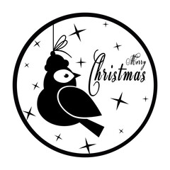 Vector christmas icon in round frame with text Merry Christmas and bird on white background. Simple template for christmas card