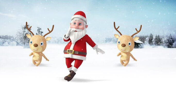 Santa Clause And His Reindeers Dancing At The North Pole. Snowy Day. Christmas, Noel And New Year Related 3D Animation.