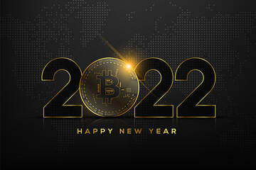 Fototapeta Happy New Year 2022 text typography design with golden bitcoin (BTC) on creative background, vector illustration obraz
