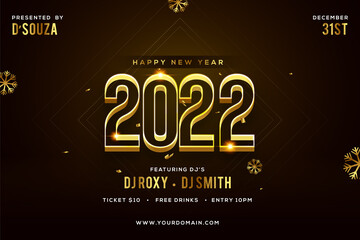 Editable Happy New Year 2022 rectangle party flyer design with golden snow flakes on creative brown background, vector illustration