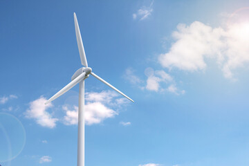 Windmill on blue sky background. Sustainable and ecological energy concept. 3d illustration.