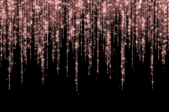 Rose gold glitter holiday decoration long garland on black background. Vector