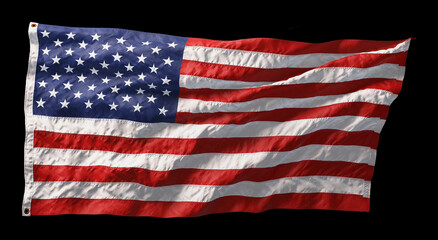 American flag waving in the wind isolated on black background. 3D