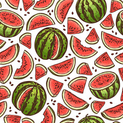 Cotton fabric Vector seamless watermelon bright summer pattern. Doodle linear background with illustrations of fruits, hand drawn backdrop or wrapping