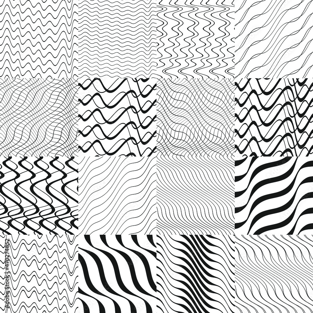Poster set of abstract seamless pattern background with waves. black curve lines. wavy illustration.