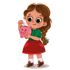 Vector illustration of a cute girl saving money in a piggybank.