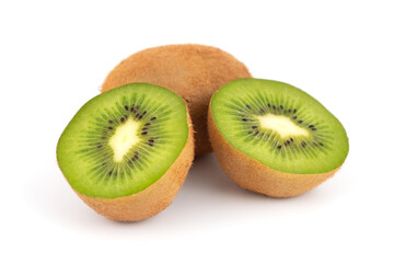 Ripe tasty kiwi fruits whole and cut in half, favorite fruit healthy food isolated