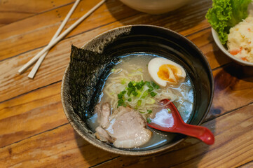 Top view of Miso ramen at Sapporo ramen restaurant in Bangkok Thailand
