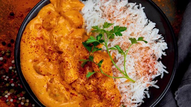 Indian butter chicken curry with basmati rice 