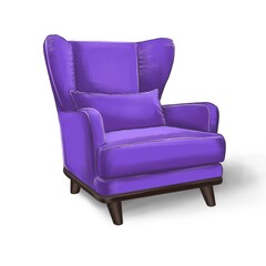 Design of modern, purple armchair with cushion on isolated white background. Upholstered furniture for the interior of the living room, home. Illustration for designers, visualizers, furniture makers.