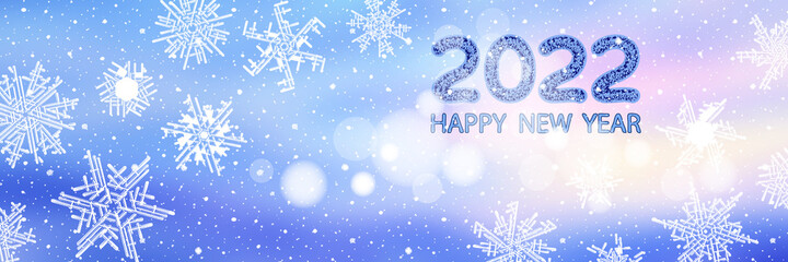 New year greetings with snowflakes and snowy background. Festive vector banner.