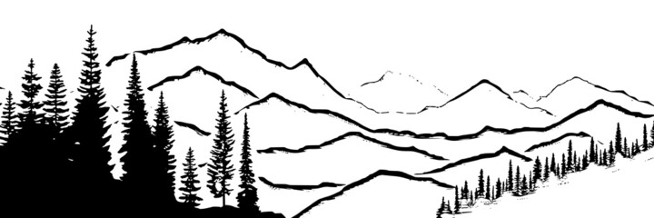 Fototapeta premium Vector sketch, mountain landscape, imitation of a pencil drawing 