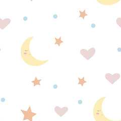 Fototapeta na wymiar childish seamless pattern of sky in pastel colors, moon, stars and hearts on a white background. sleep and dreaming concept for toddlers