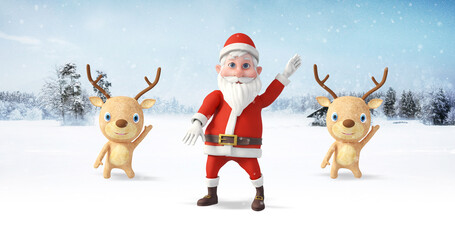 Santa And His Funny Reindeer Friends Dancing At The North Pole. Snowy Day. Christmas, Noel And New Year Related 3D Illustration Render.